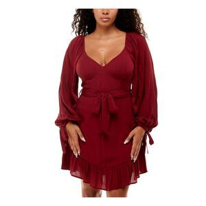 B DARLIN Womens Short Dress Burgundy Tie Sleeve Padded Curved Hem Juniors 0